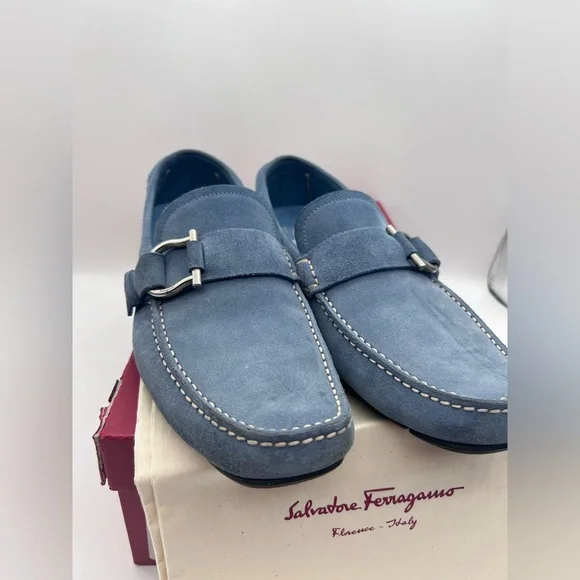 Salvatore Ferragamo Men Driving Suede Blue Moccasin Loafers Logo Sz 9 D - Picture 9 of 16